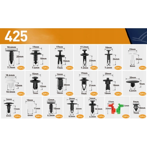 ZESTAW SPINKI KOŁKI SAMOCHODOWE 425 SZT + ŚCIĄGACZ